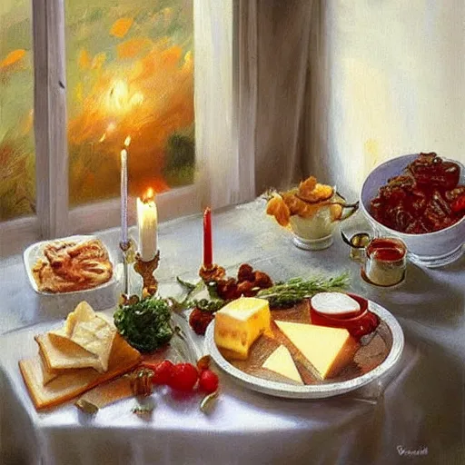 Image similar to a table full of traditional Swedish food, candles, cheese, schnapps, painting by Vladimir Volegov