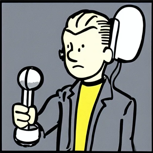 Image similar to tintin with headphones and big microphone on arm, in the style of moebius