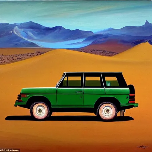 Prompt: a painting of a green range rover in the desert with mountains in the background during sunset, by Salvador Dalí