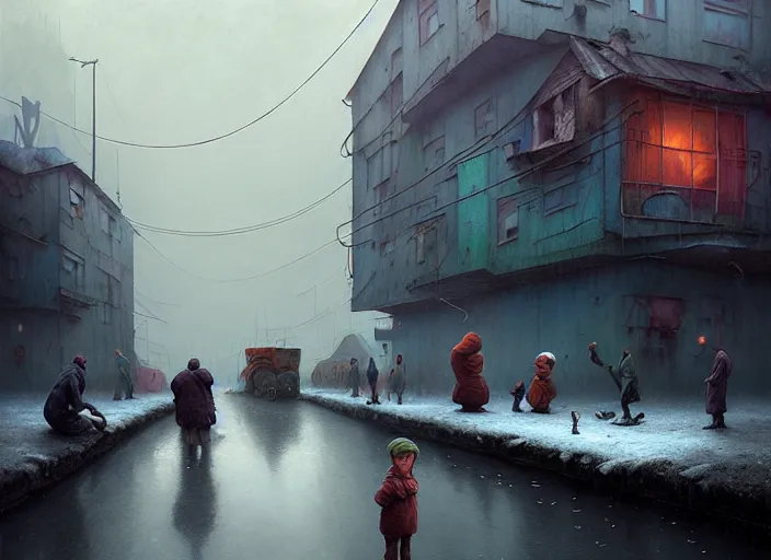 Prompt: waiting in line for cold soup by simon stalenhag and gil elvgren and tom bagshaw and marc simonetti and quint buchholz and jan miense molenaer, slums, highly detailed, hyperrealism, dreary, cold, cloudy, grey, smog, high contrast, solarpunk, high saturation