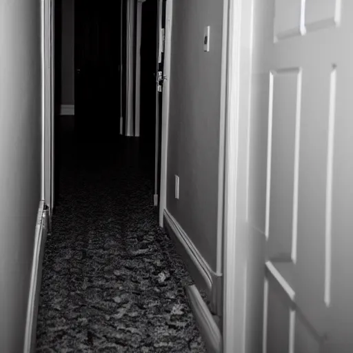 Image similar to view from the bed looking towards the hallway door at night with a shadow person standing at the door, photography