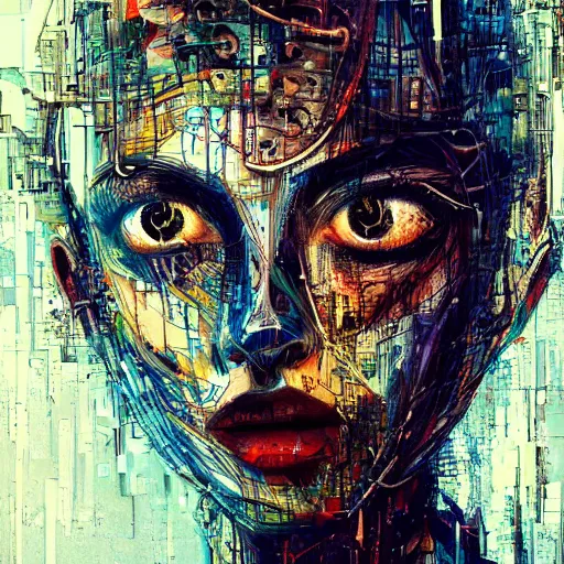 Image similar to human 3 d by woo, beautiful woman head made of mech mask rendered in unreal engine, cyberpunk, dark, scifi, painted by david burliuk | bernard buffet | carne griffiths | stanislaw lem