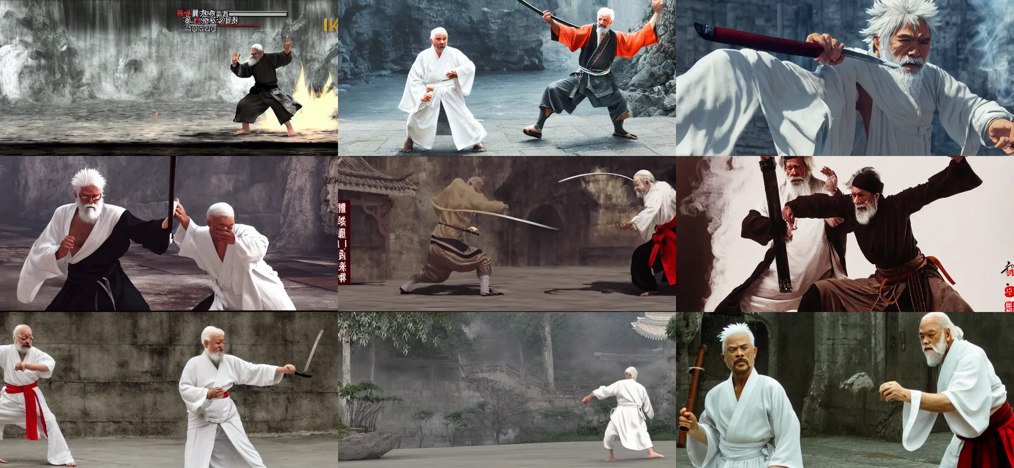 Prompt: An old man in a one-piece white robe, white hair and white beard, smoke, full body wuxia, Wudang Swordmanship by Chen Uen Yoji Shinkawa 4k