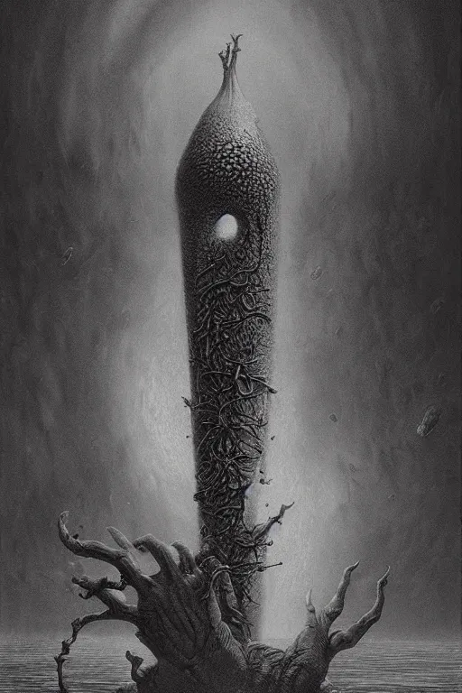 Image similar to something strange in my large banana, by zdzislaw beksinski, by dariusz zawadzki, by wayne barlowe, gothic, surrealism, cosmic horror, lovecraftian, cold hue's, warm tone gradient background, concept art, beautiful composition