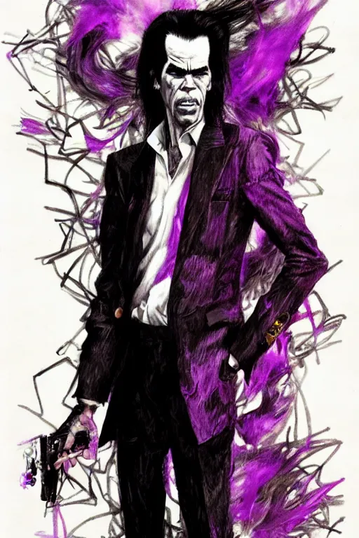 Prompt: full body portrait of nick cave with a lot of purple smoke coming out of his mouth, concept art, sumi - e style, intricate linework, artstation, trending, highly detailed, smooth, focus, art by yoji shinkawa and glenn fabry,