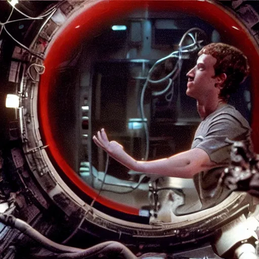 Prompt: a broken mark zuckerberg android leaking white fluid on the spaceship Nostromo from the movie Alien.