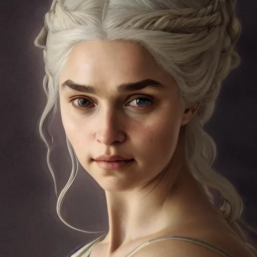 Image similar to portrait of daenerys, intricate, elegant, highly detailed, digital painting, artstation, concept art, smooth, sharp focus, illustration, art by artgerm and greg rutkowski and alphonse mucha and william - adolphe bouguereau