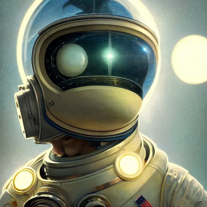 Image similar to ultra realistic retro futuristic astronaut helmet, lens flare, diffuse lighting, fantasy, intricate, elegant, highly detailed, lifelike, photorealistic, digital painting, artstation, illustration, concept art, smooth, sharp focus, art by John Collier and Albert Aublet and Krenz Cushart and Artem Demura and Alphonse Mucha