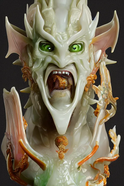 Image similar to a closeup portrait photo, alabaster and jade real delicate ceramic porcelain sculpture of an ornate detailed humanoid dragon demon devil god in front of an intricate background by rafael, micro detail, backlit lighting, subsurface scattering, translucent, thin porcelain, emerald, flames, amber, octane renderer, colorful, physically based rendering, trending on cgsociety