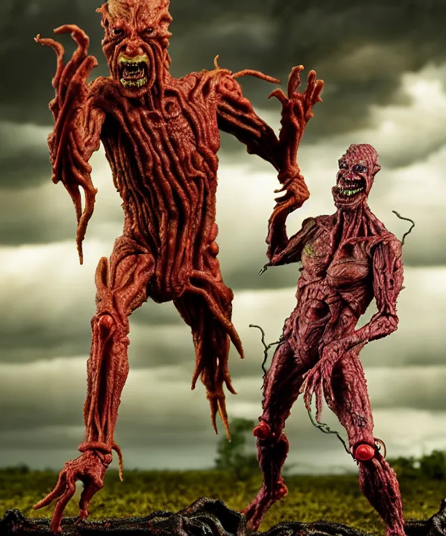 Image similar to hyperrealistic rendering, epic boss battle, cronenberg flesh monster overlord, by art of skinner and richard corben, product photography, collectible action figure, sofubi, hottoys, storm clouds, outside, lightning