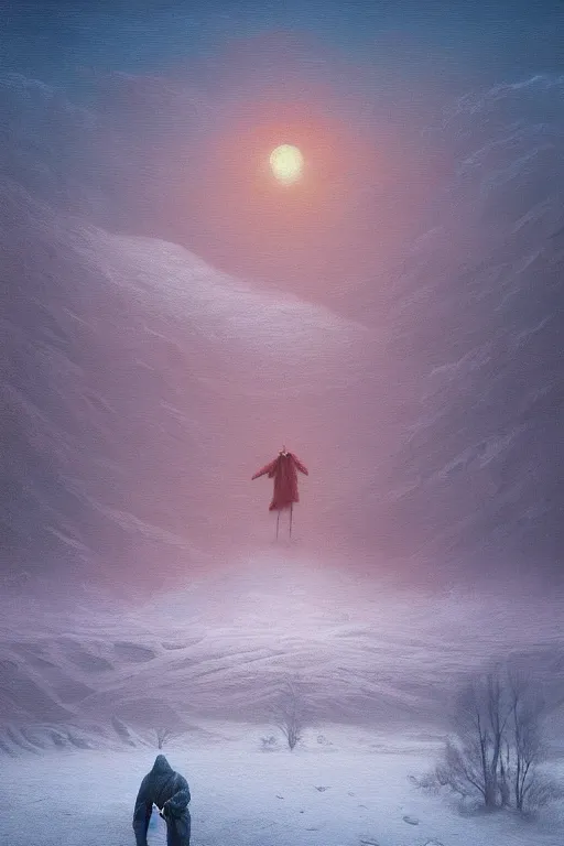 Prompt: a painting of a person standing in the snow, a surrealist painting by zdzisław beksinski and by alena aenami, deviantart, nuclear art, dystopian art, apocalypse landscape, surrealist