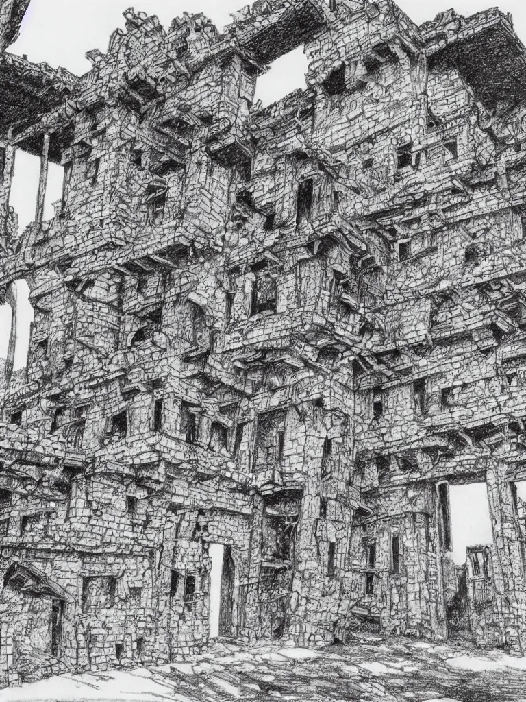 Image similar to A pen drawing of a dilapidated ancient castle building in the wood, by Ler Huang, high detailed