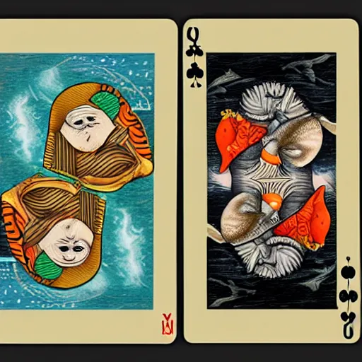 Prompt: two fishes playing cards at the bottom of the sea, lowbrow surrealistic, in the style of mark ryden,