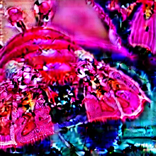 Prompt: pinkish crustacean with a pair of pink membranous bat wings. pink bat wings. where a head would be, they have a pink brain coral and are covered in antennae. ( 1. 5 m ) numerous sets of paired appendages. unreal engine, national geographic wildlife photo, studio lighting, water cuastics, epic fantasy render