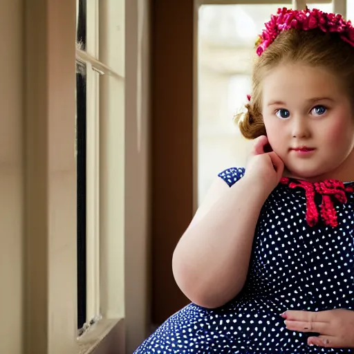 Image similar to charming and chubby girl, wearing a polka dot dress and a victorian - style hairdo on her head, sits in the large and bright studio. sunlight enters through the barred window. very realistic shiny skin. subsurface scattering shiny skin. beautiful lighting, 4 k post - processing, highly detailed, 5 k extremely detailed, 3 d. cinematic scene.