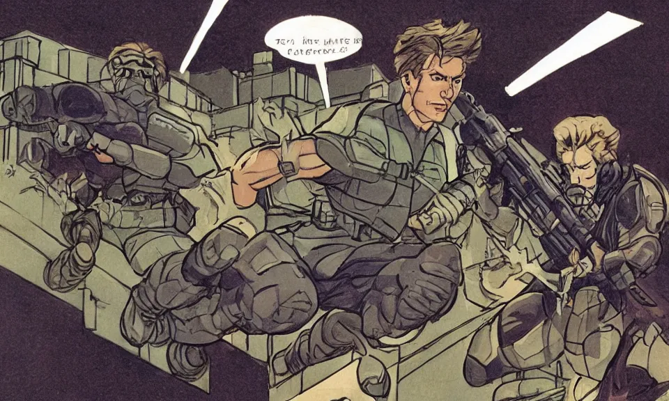 Image similar to solid snake sneaking into a hangar mead and jack kirby, color scheme, kirby crackle, arik roper, concept art