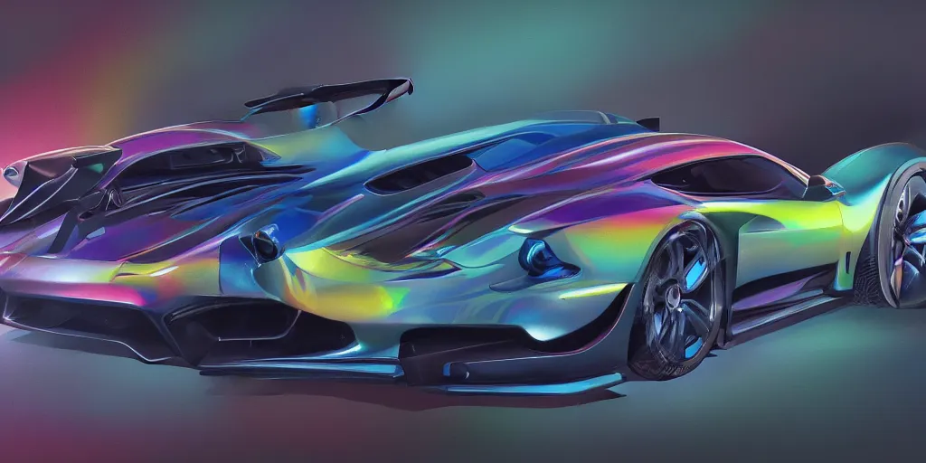 Image similar to full view of a sport car from GTAV, painted in any bright colors holographic pearlescent, elegant, digital painting, concept art, smooth, sharp focus, art style from Wang Ke and Greg Rutkowski and Bruce Kaiser and Scott Robertson and Dmitry Mazurkevich and Doruk Erdem and Jon Sibal, small style cue from Blade Runner