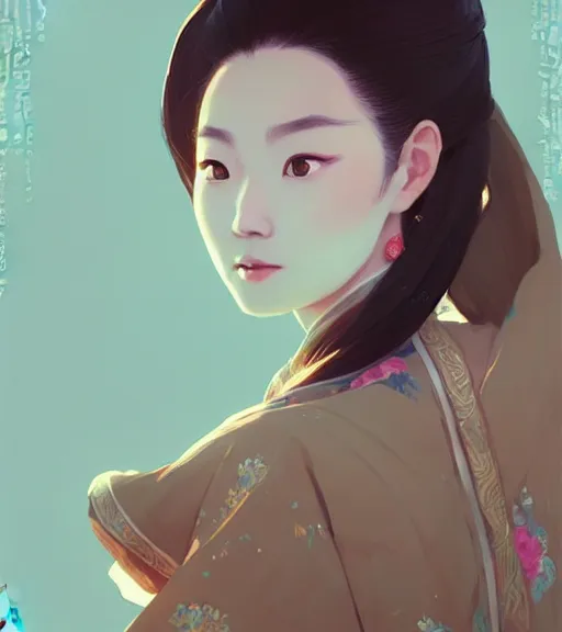 Image similar to portrait of a chinese female immortal in amazing chinese dress 汉 服 by atey ghailan, by greg rutkowski, by greg tocchini, by james gilleard, by joe fenton, by kaethe butcher, dynamic lighting, gradient light blue, brown, blonde cream and white color scheme, grunge aesthetic