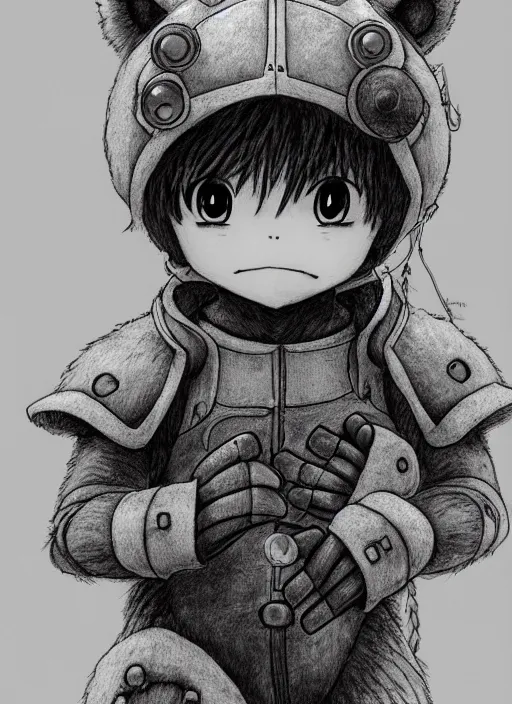 Image similar to beautiful little boy wearing an cyborg bear suit, artwork in kentaro miura and made in abyss and rosdraws, smooth, beautiful lightness, anatomically correct, trending on pixiv, forest