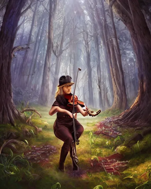 Image similar to Fox playing violin in magical forest, portrait, wearing hat, magical notes, fairy atmosphere, magic the gathering artwork, D&D, fantasy, cinematic lighting, centered, symmetrical, highly detailed, digital painting, artstation, concept art, smooth, sharp focus, illustration, volumetric lighting, epic Composition, 8k, art by Akihiko Yoshida and Greg Rutkowski and Craig Mullins, oil painting, cgsociety