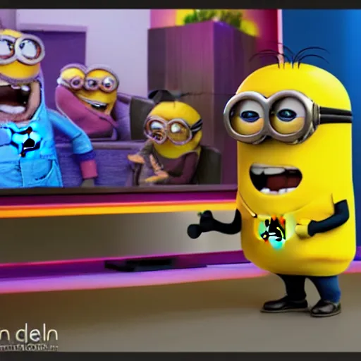 Image similar to Minion on Dr Phil's TV show, photorealistic, promo art, hyper detailed, 8k, happy, excited, joy, crazy. Bright colors. Rendered in Unreal Engine. Trending on Artstation