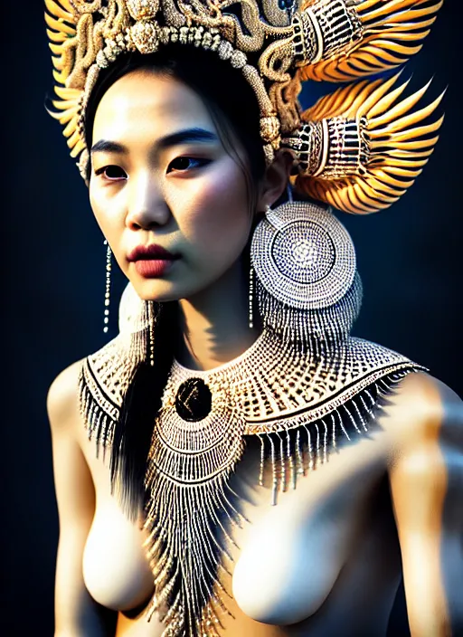 Prompt: absurdly beautiful young thai woman with symmetrical white makeup, wearing an intricate headdress made from bones and leather, wearing large earrings made from white bones, hyperdetailed illustration by irakli nadar and alexandre ferra, intricate linework, in the style of a national geographic portrait, unreal engine 5 highly rendered, global illumination, radiant light, detailed and intricate environment