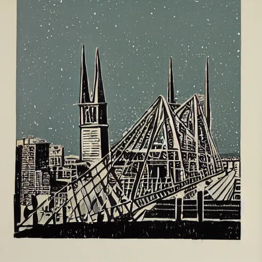 Image similar to 1 9 7 0 s grainy vintage illustration by norman bluhm. a beautiful illustration of a cityscape with tall spires & delicate bridges.