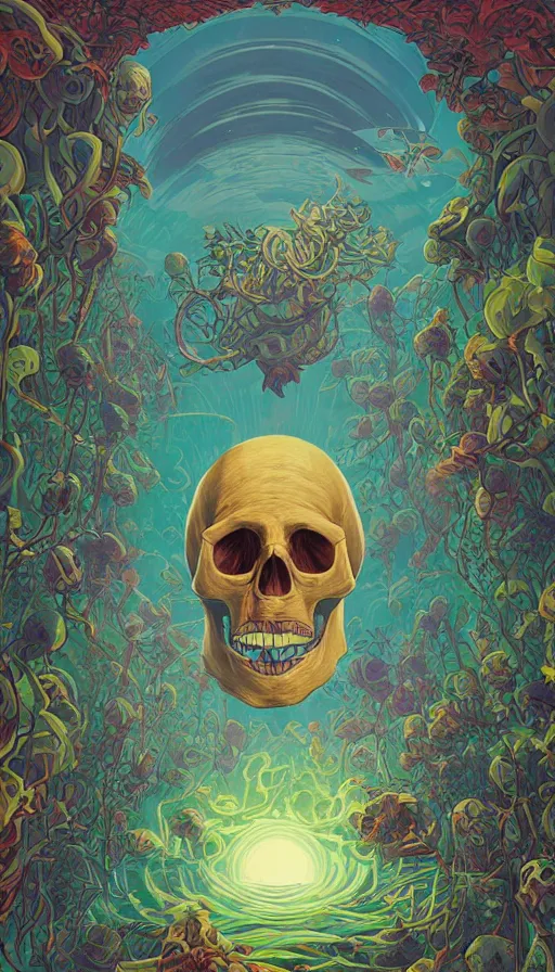 Image similar to The luminous island of the forgotten floral skull gods, italian futurism, da vinci, Dan Mumford, Josan Gonzalez