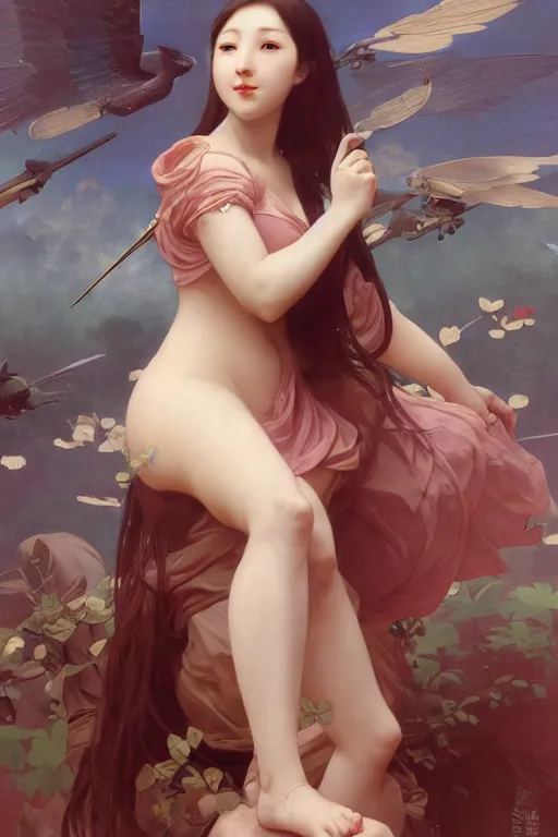 Image similar to Full View lovely maiden with the likeness of Eunha from Viviz and gFriend wearing a purple military uniform and puffy silk shots. masterpiece 4k digital illustration by Ruan Jia and Mandy Jurgens and Artgerm and william-adolphe bouguereau, award winning, Artstation, art nouveau aesthetic, Alphonse Mucha background, intricate details, realistic, panoramic view, Hyperdetailed, 8k resolution, intricate art nouveau