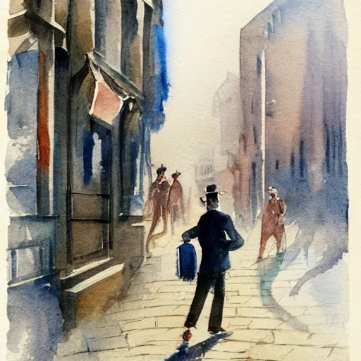 Prompt: a water Coloured painting of The tramp, walking down a 1920s style city street