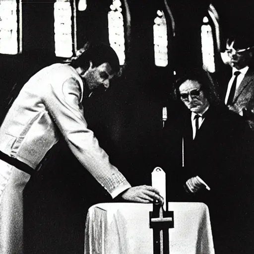 Image similar to alien praying to god in church where priest pours holy water on him, top secret style, realistic photo, 1 9 7 0 s, color