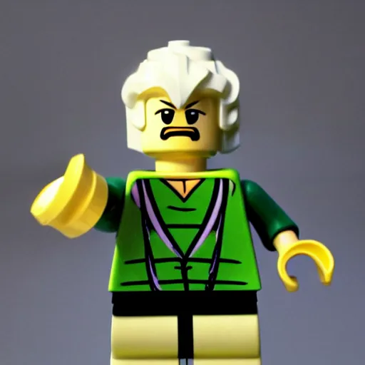 Image similar to a lego character of a anthro albino lion wearing a causal clothes