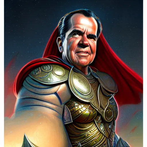 Image similar to richard nixon as thor, fantasy, intricate, elegant, digital painting, trending on artstation, concept art, sharp focus, illustration by Gaston Bussiere and artgerm, 4k.