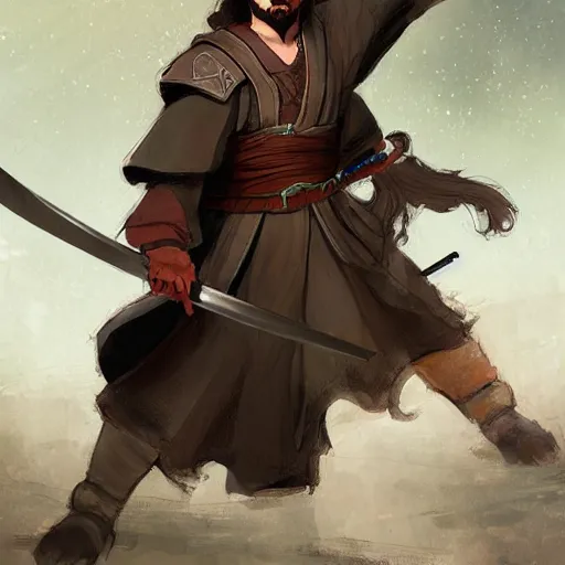 Image similar to a brown haired young swordsman with a short beard in the style of marc simonetti