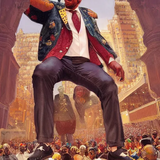 Image similar to clear portrait of king of morocco having a rap battle, cottagecore!!, detroit hood background hyper detailed, character concept, full body, dynamic pose, elegant, intricate, highly detailed, digital painting, artstation, concept art, smooth, sharp focus, illustration, art by artgerm and greg rutkowski and alphonse mucha