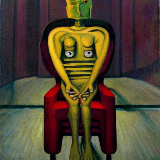 Image similar to evil cyborg mastermind on a throne, human subjugation, mind control, dystopian, pj crook, edward hopper, oil on canvas