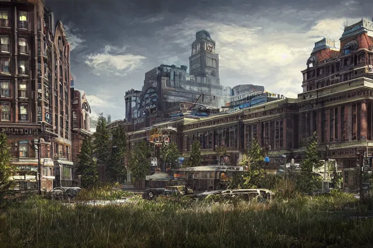 Image similar to realistic digital concept art of palliser hotel, calgary alberta being reclaimed by nature in the last of us, or horizon zero dawn, and tokyo genso style