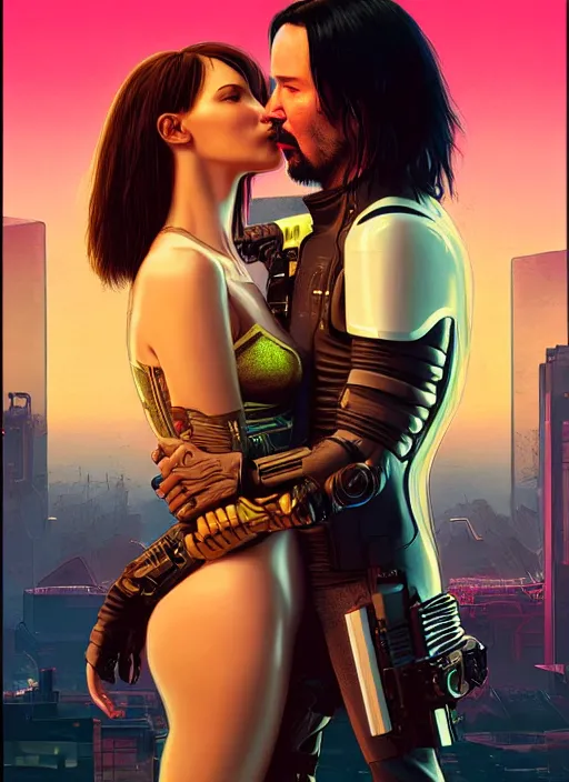 Image similar to a cyberpunk 2077 couple portrait of Keanu Reeves & female android in final kiss,love,film lighting,by Laurie Greasley,Lawrence Alma-Tadema,Dan Mumford,artstation,deviantart,FAN ART,full of color,Digital painting,face enhance,highly detailed,8K,octane,golden ratio,cinematic lighting