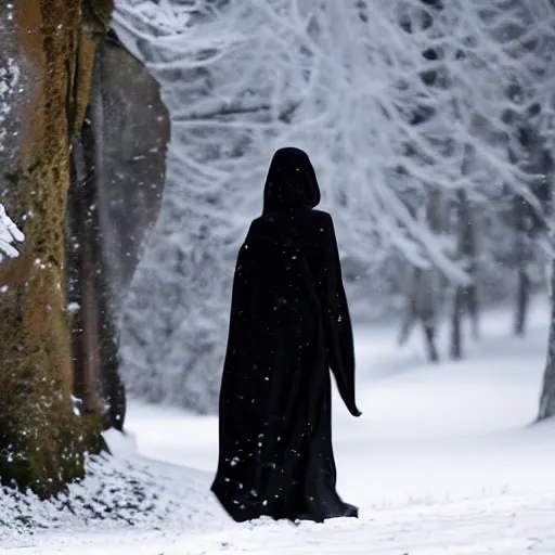 Prompt: a young woman wearing a black cloak walking barefoot in the snow in the moutains, the snow is covered in blood