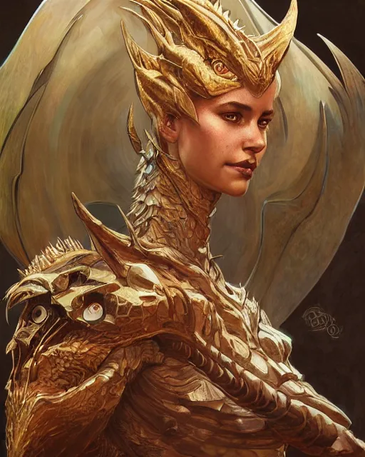 Prompt: Portrait of a draconic humanoid, HD, illustration, epic, D&D, fantasy, intricate, elegant, highly detailed, digital painting, artstation, concept art, smooth, sharp focus, illustration, art by artgerm and greg rutkowski and alphonse mucha, monster hunter illustrations art book