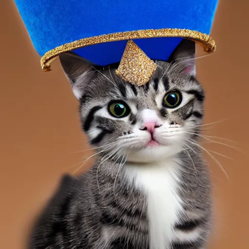 Image similar to toy cat wearing a blue crown , HD , 4k