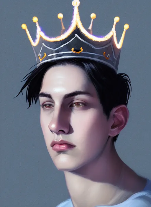 Image similar to portrait of teenage jughead jones wearing a light grey crown, photorealistic, crown, eyes closed, crown, black hair, intricate, elegant, glowing lights, highly detailed, digital painting, artstation, concept art, smooth, sharp focus, illustration, art by wlop, mars ravelo and greg rutkowski