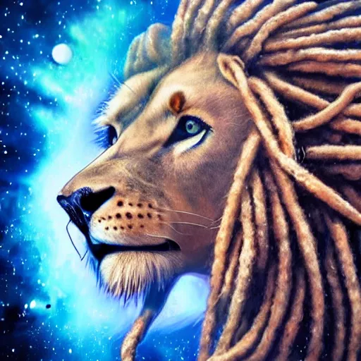 Image similar to a very high ultrarealistic hyper detailed photo of an futuristic lion humanoid with dreadlocks in the cosmos