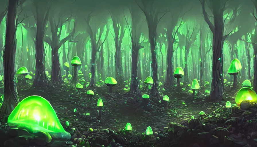 Prompt: a fluorescent giant mushrooms forest, beautiful crystal deposits glowing on the floor, in style of laurel d austin, 2 d art, concept art, fantasy, high detail, trending on artstation