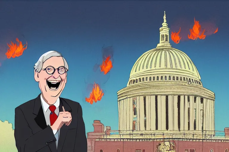 Image similar to senator mitch McConnell laughing maniacally in front of a burning capitol building, digital illustration by pixar and studio ghibli