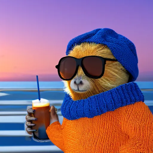 Prompt: a photorealistic photograph of a knitted cute Capybara wearing sunglasses and dressed a blue beanie cap. The subject is sipping a refreshing Mai Tai drink cocktail at the beach during sunset. This image is Trending on Artstation, featured on Behance, well-rendered, extra crisp, features intricate detail, Unreal Engine, 4K HD