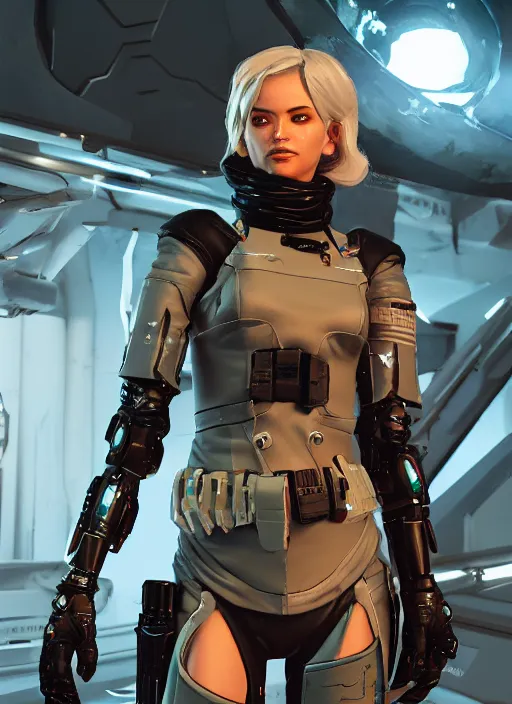 Prompt: a deadly female space bounty hunter ; space western vibes ; proportional figure / delicate features / alluring ; navigator gear ; poster style / ultra realistic / ultra detailed / volumetric light. unreal engine / 8 k /