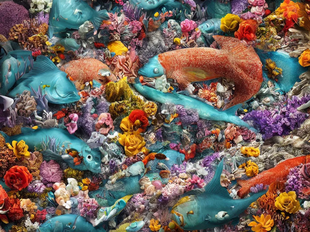 Image similar to a sculpture of fish ocean intertwined, a lovely cornucopia of flowers and human body parts, body parts, highly detailed, octane render, cinematic, shock, sharp focus, an independent sharp, clean, studio lighting