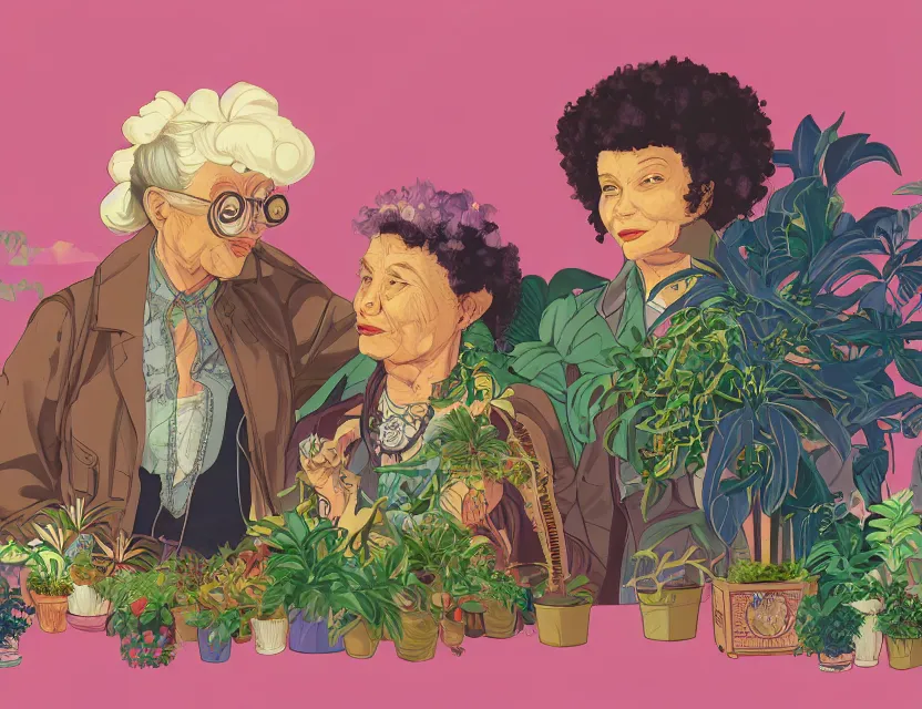 Prompt: elderly lesbian multiracial couple on a steampunk vaporwave train with potted plants. complementary colors, gouache, indie concept art, bloom, chiaroscuro, backlighting, intricate details.