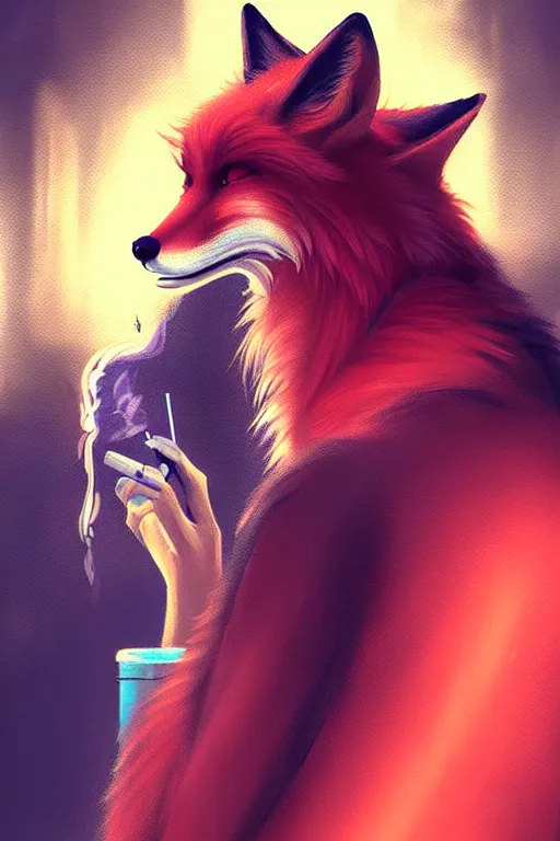 Image similar to beautiful portrait of a tall female anthro fox, smoking a cigarette in a crowd, a wet city street, cyberpunk, harsh neon lights, highly detailed, deep shadows, digital painting, shallow depth of field, illustration, art by sakimichan, artgerm